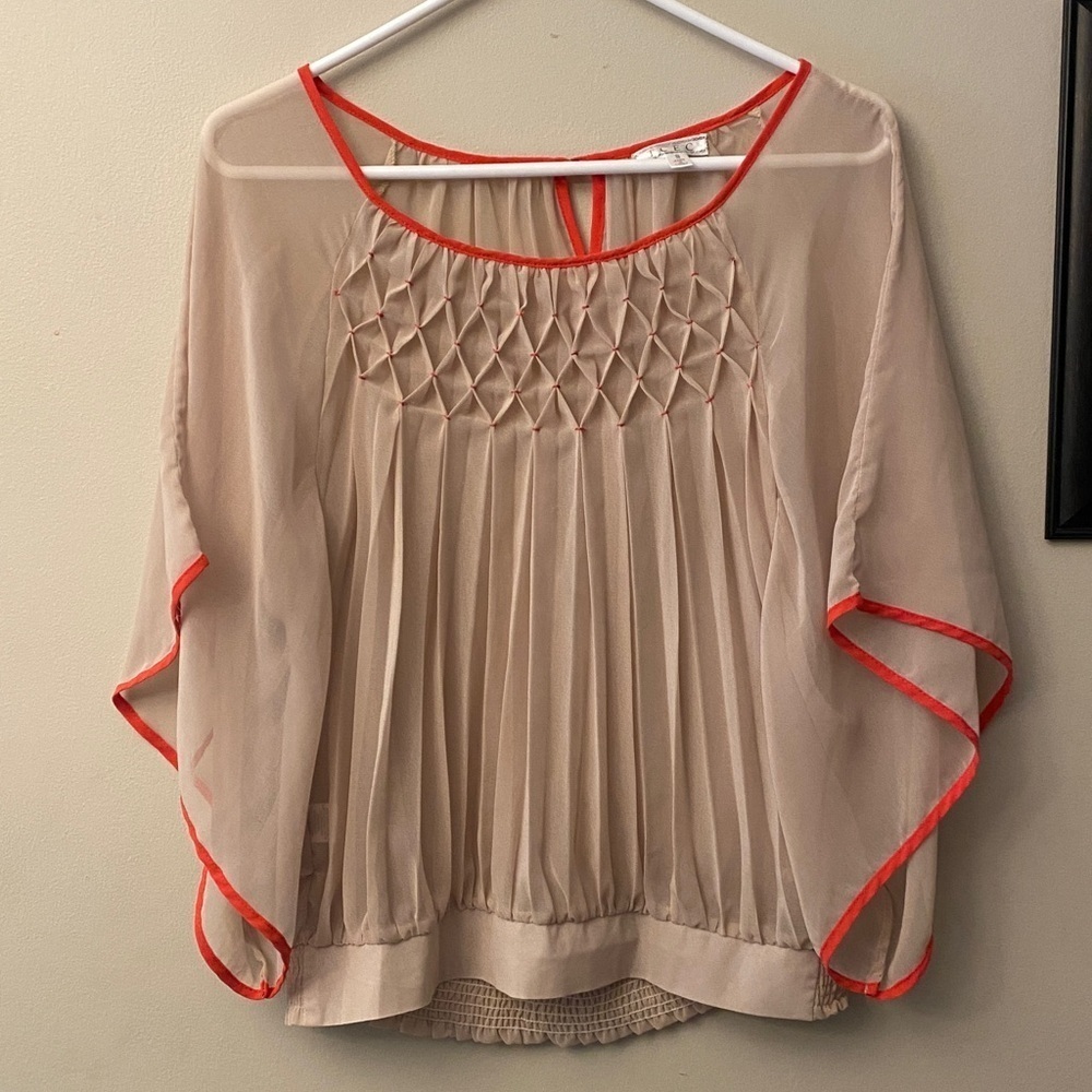 TCEC Elegant Sheer Beige Flowy Blouse with Dark Coral Pink Trim/Accents